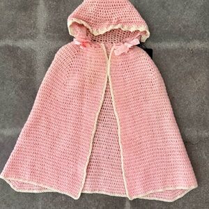 Handmade Vintage Pink Crochet Kids Cape with Hood